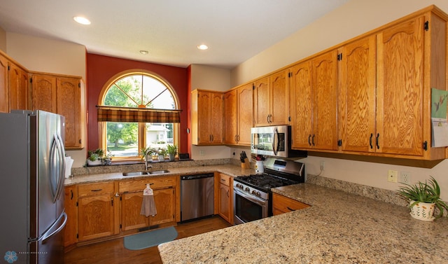 kitchen featuring dark hardwood / wood-style floors, light stone counters, sink, kitchen peninsula, and stainless steel appliances