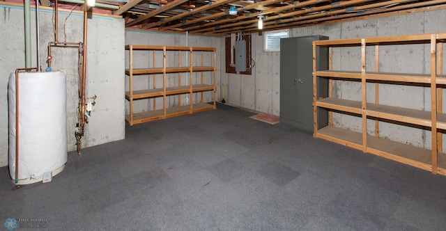 basement featuring gas water heater and electric panel