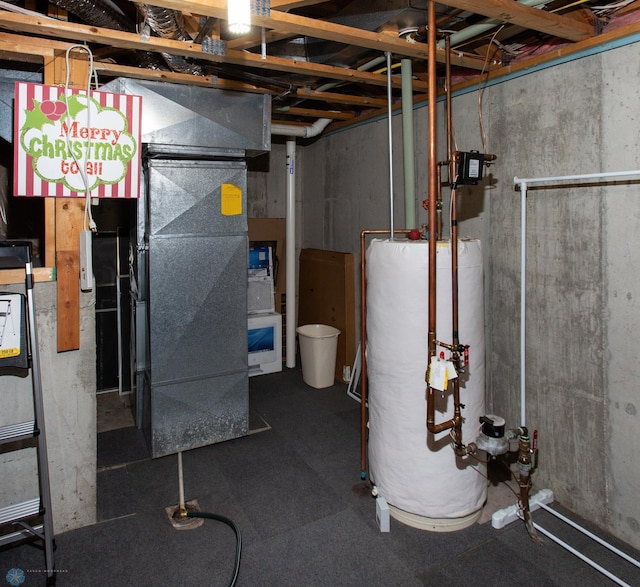 basement featuring heating unit and water heater