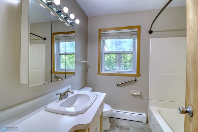 full bathroom with a baseboard heating unit, tile flooring, shower / tub combination, large vanity, and toilet