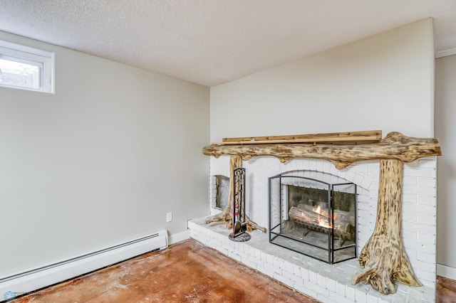 room details with a fireplace, a textured ceiling, and a baseboard radiator