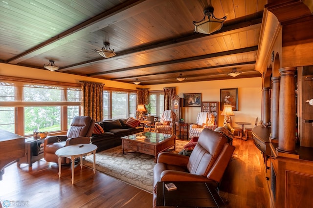 living room with beam ceiling, wood-type flooring, and wooden ceiling