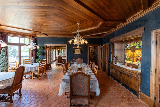 tiled dining space with a chandelier and wood ceiling