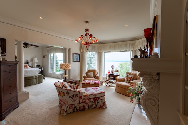 interior space with crown molding, carpet flooring, and an inviting chandelier