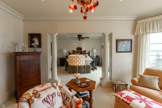 bedroom with ornate columns, carpet floors, and crown molding