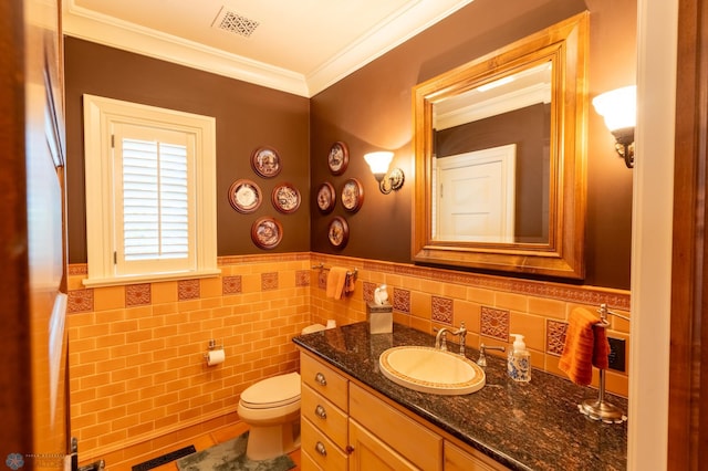 bathroom with tile flooring, tile walls, tasteful backsplash, vanity, and toilet