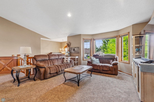 carpeted living room with a textured ceiling and lofted ceiling