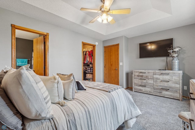 bedroom featuring ceiling fan, a tray ceiling, and carpet floors