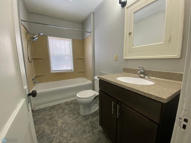 full bathroom featuring tile floors,  shower combination, toilet, and large vanity