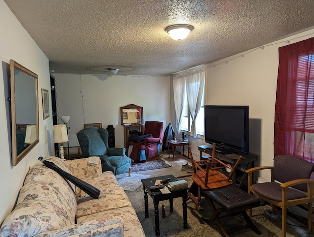 carpeted living room featuring a textured ceiling