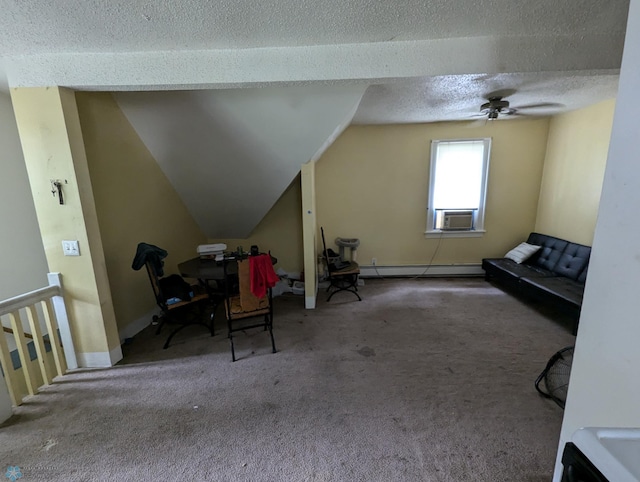 additional living space featuring carpet, a baseboard heating unit, ceiling fan, a textured ceiling, and lofted ceiling