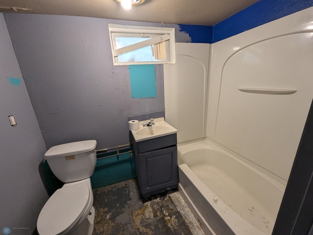 full bathroom featuring a textured ceiling, vanity, toilet, and  shower combination