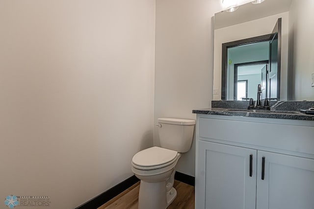 bathroom with vanity with extensive cabinet space, hardwood / wood-style flooring, and toilet