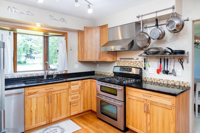 kitchen featuring light hardwood / wood-style flooring, stainless steel appliances, track lighting, wall chimney range hood, and sink