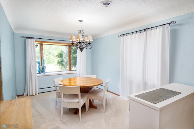 dining room with a textured ceiling, an inviting chandelier, a baseboard radiator, and light colored carpet