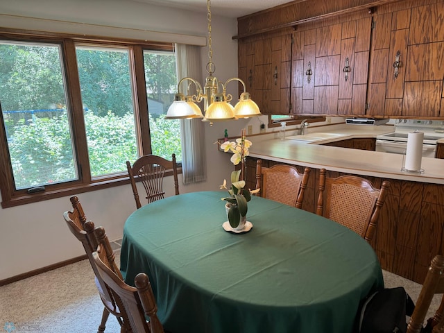 dining room with light carpet and sink