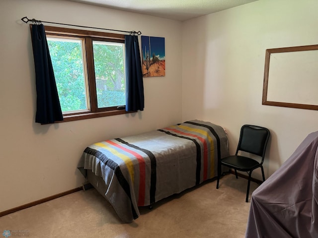 bedroom featuring light carpet and a textured ceiling