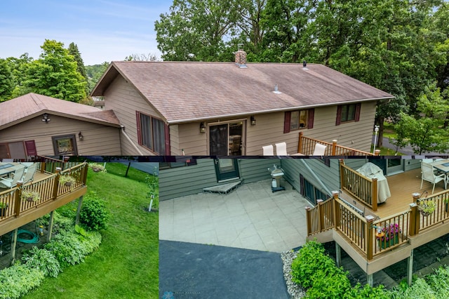 single story home with a deck, a front lawn, and a patio area