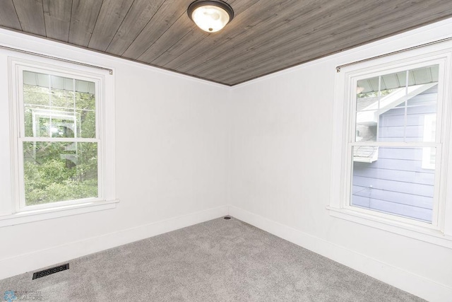 spare room with plenty of natural light, carpet floors, and wooden ceiling