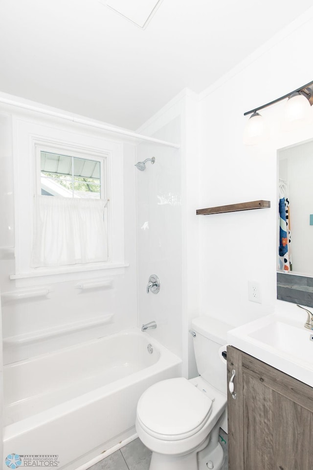 full bathroom with toilet, tile patterned floors, shower / washtub combination, and vanity