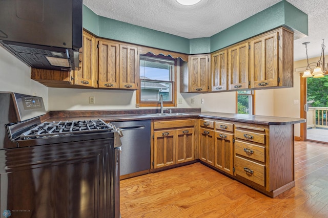 kitchen featuring black gas stove, sink, dishwasher, and light hardwood / wood-style floors