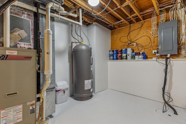 utility room featuring electric panel and water heater