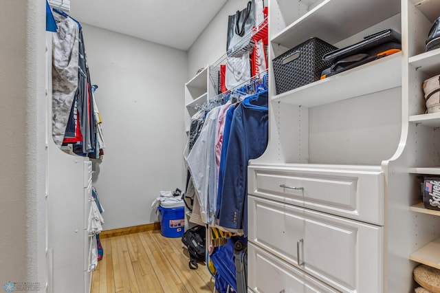 walk in closet with light hardwood / wood-style floors