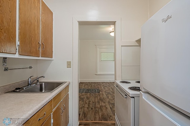 kitchen with sink, dark hardwood / wood-style floors, and white appliances