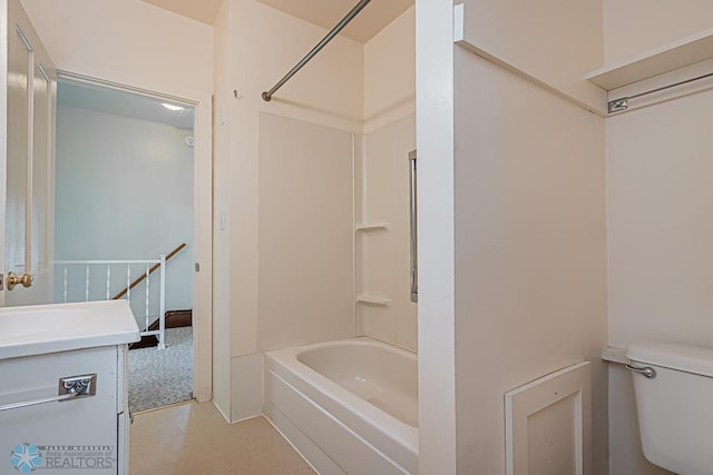 full bathroom featuring vanity, shower / washtub combination, and toilet