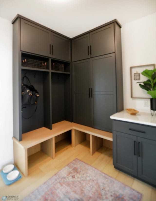 mudroom with light hardwood / wood-style floors