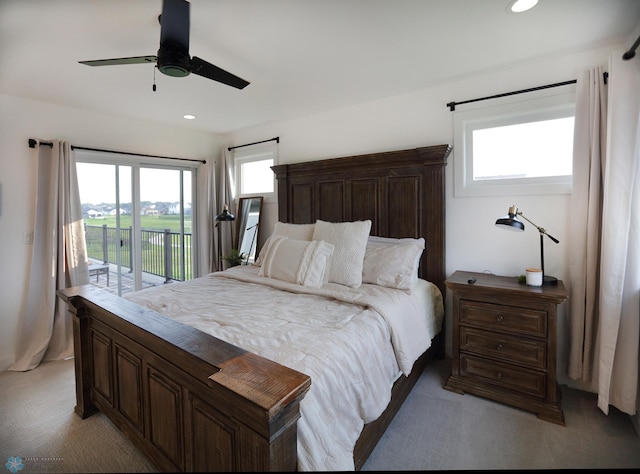 bedroom featuring carpet floors, access to exterior, and ceiling fan