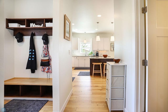 mudroom with sink and light hardwood / wood-style flooring