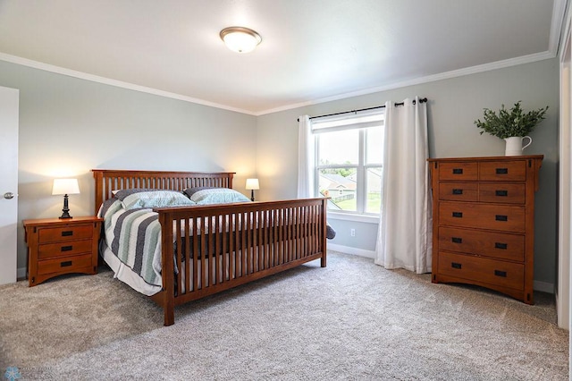 bedroom featuring light carpet and ornamental molding