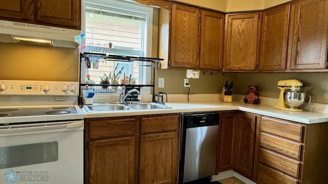 kitchen featuring sink, dishwasher, and white electric stove