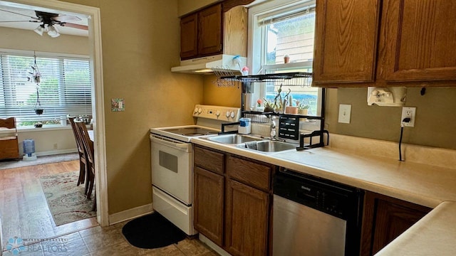 kitchen with plenty of natural light, stainless steel dishwasher, light hardwood / wood-style flooring, and white electric range oven