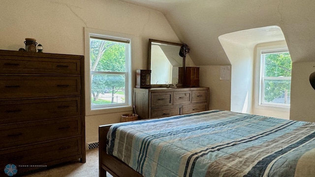 bedroom featuring multiple windows, light carpet, and vaulted ceiling