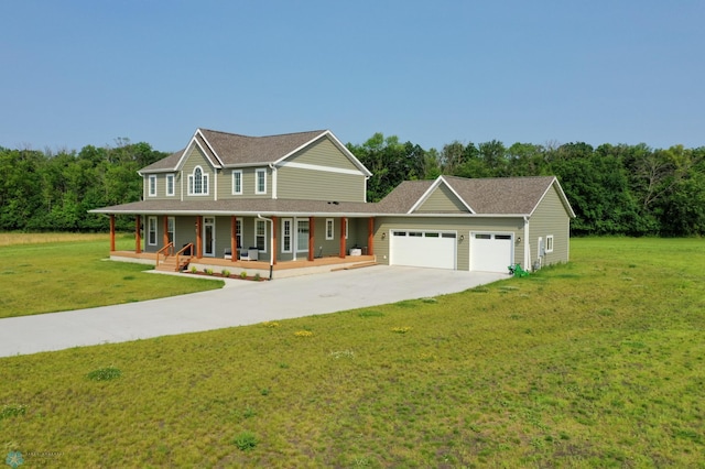 view of front facade with a porch, a garage, and a front lawn