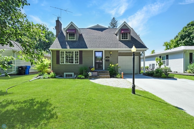 cape cod-style house with a front yard and a garage