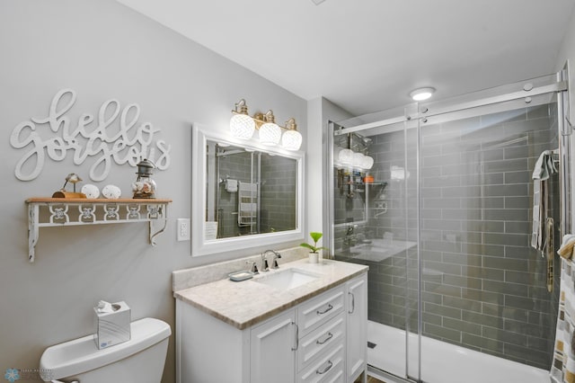 bathroom featuring vanity, toilet, and a shower with shower door