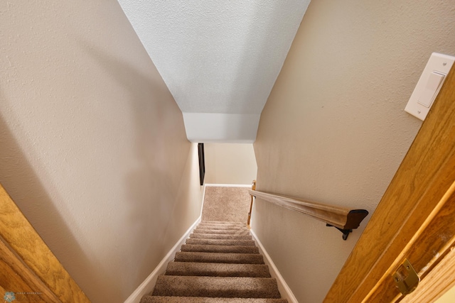 stairs featuring carpet and a textured ceiling