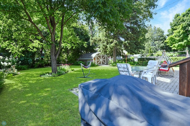 view of yard featuring a shed and a patio area