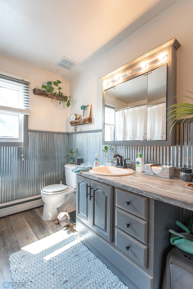 bathroom with hardwood / wood-style flooring, toilet, and vanity