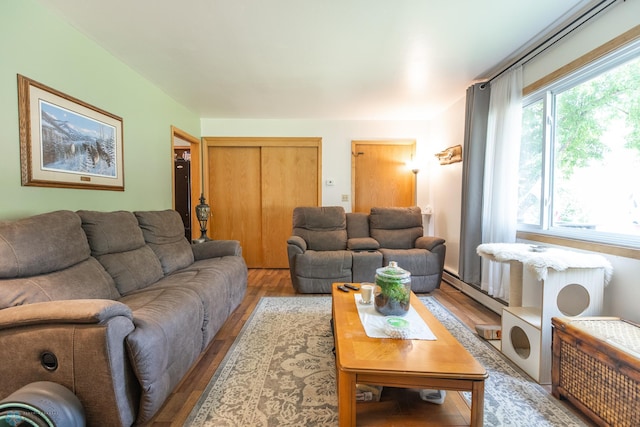 living room with a baseboard radiator and hardwood / wood-style floors