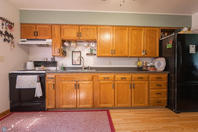 kitchen featuring sink, light hardwood / wood-style flooring, black fridge, and range with electric stovetop