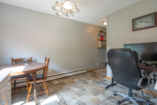 home office with a notable chandelier, a wall mounted air conditioner, and tile patterned floors