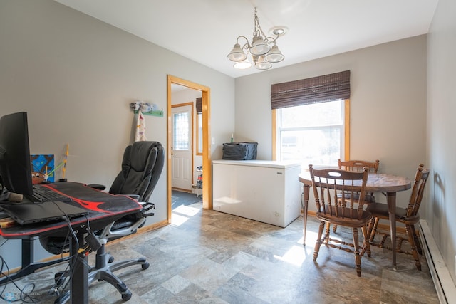 tiled home office with a baseboard heating unit and a chandelier