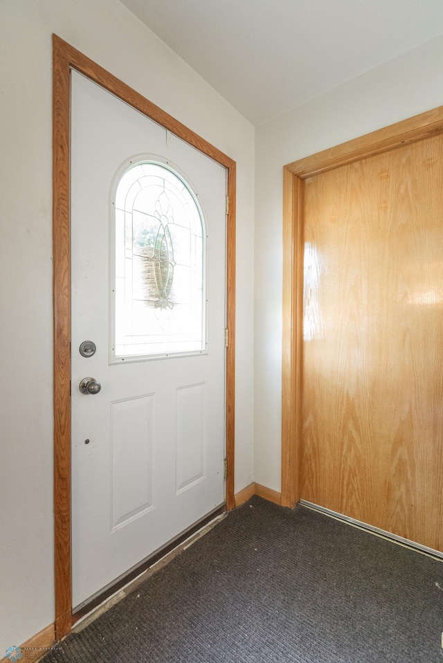 foyer entrance featuring carpet floors