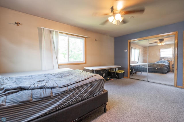 bedroom featuring a closet, carpet, and ceiling fan