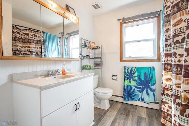 bathroom featuring vanity, toilet, and hardwood / wood-style floors