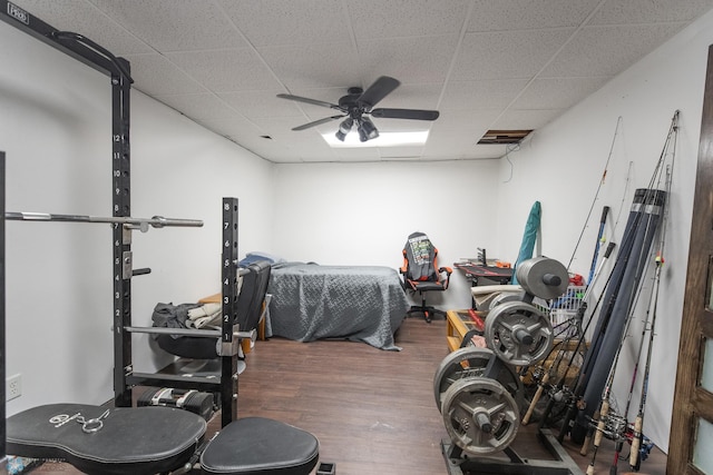 bedroom with ceiling fan, hardwood / wood-style flooring, and a paneled ceiling